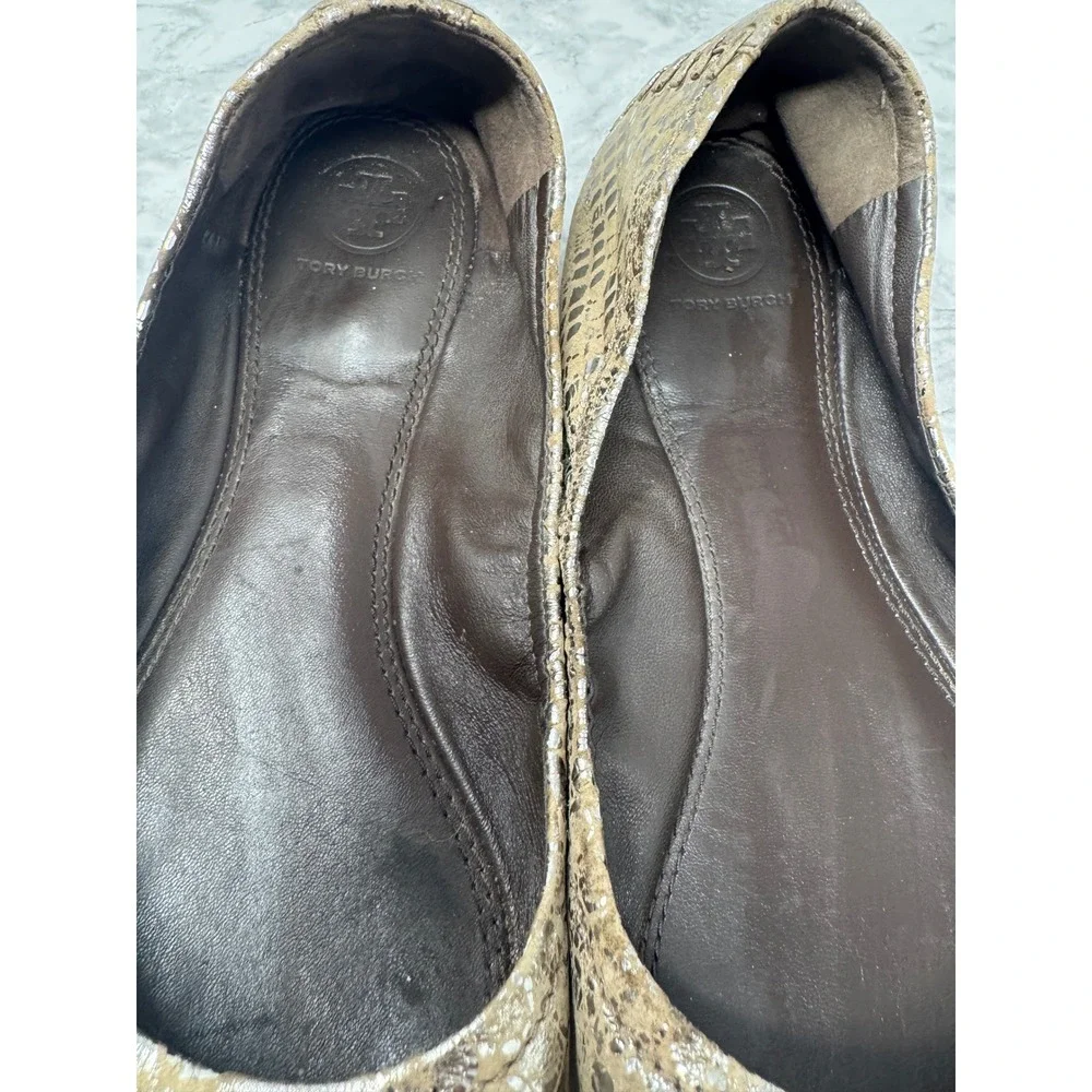 Tory Burch Reva Ballet Flats💛Metallic Gold Snakeskin Leather Logo Medallion 8.5